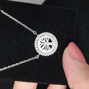 Mother of Pearl with CZ Diamonds and sterling silver tree circular necklace